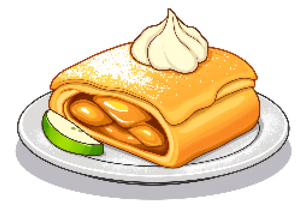 A pixelated cartoon image of an Apple Strudel covered with powdered sugar and cream.