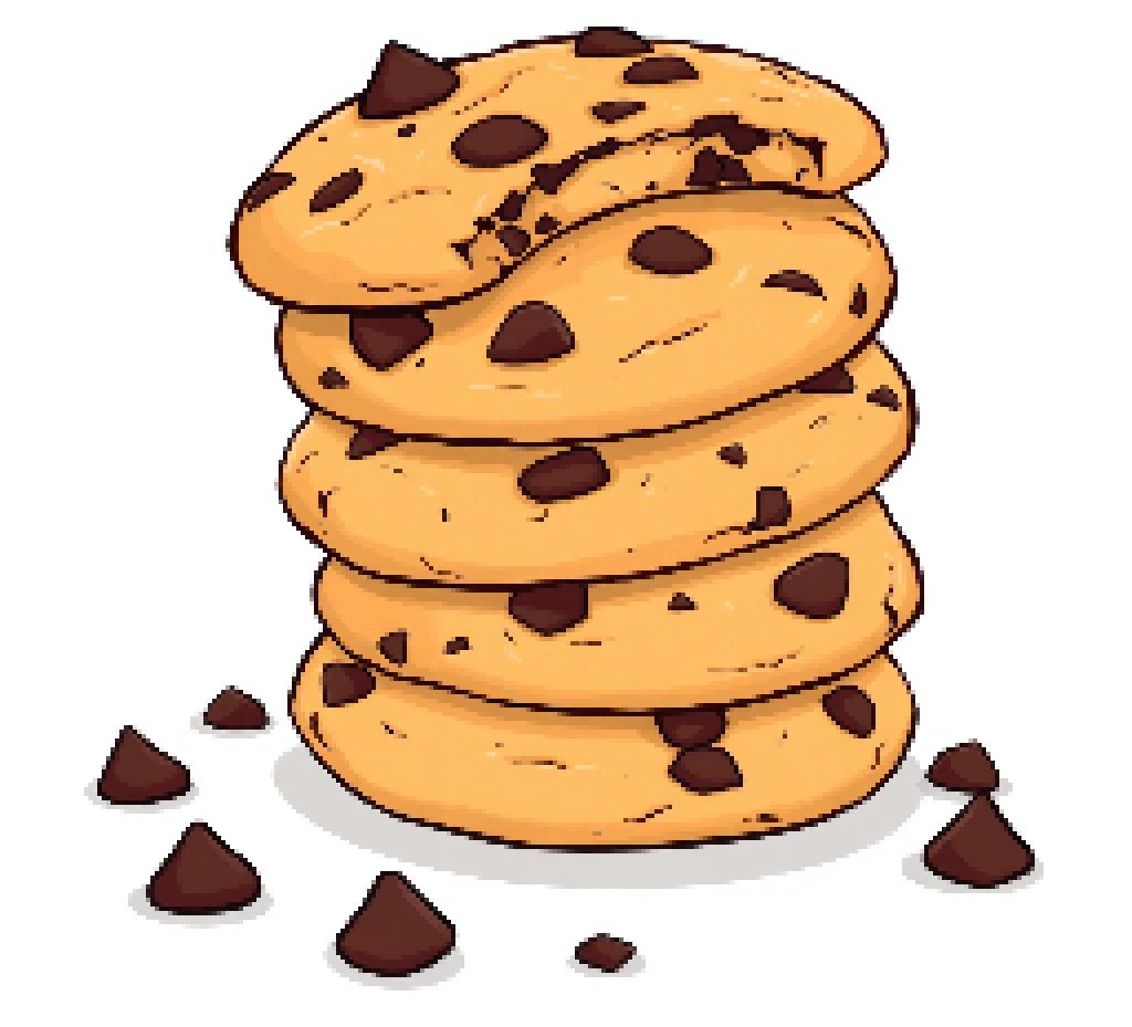 A pixelated cartoon image of a stack of chocolate chip cookies, the top one missing a bite from it.